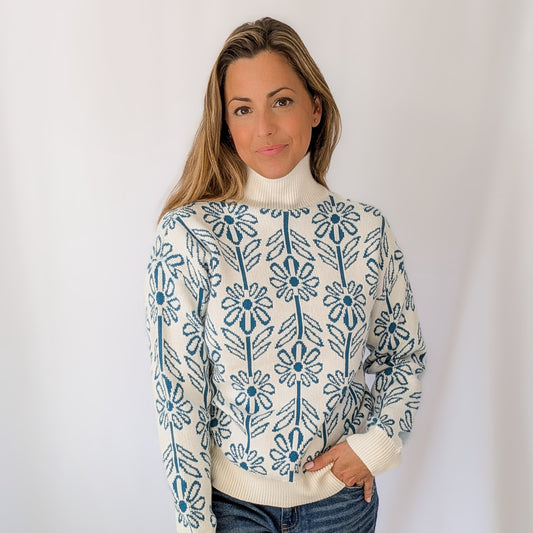 Blue Floral Turtleneck Sweater