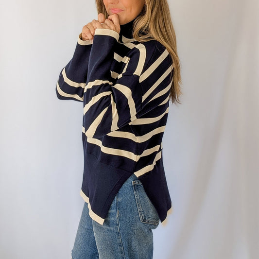 Navy Striped Mock Neck Sweater